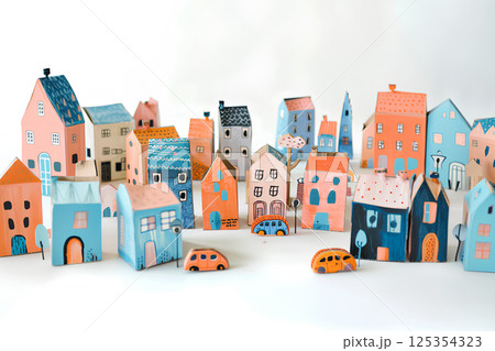 段ボールでできたかわいい街並み（3D） 125354323