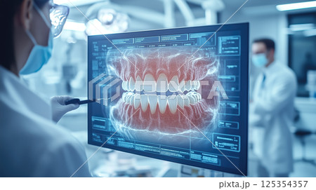 Dentist analyses a tooth X-ray holographic film. The concept of dental care, diagnostics, and precision in oral health treatment with modern technology. Generative AI. 125354357