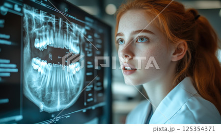 Dentist analyses a tooth X-ray holographic film. The concept of dental care, diagnostics, and precision in oral health treatment with modern technology. Generative AI. 125354371