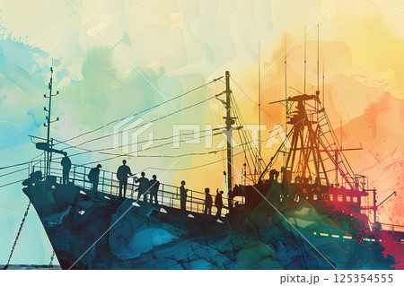 海と漁船の水彩画 125354555