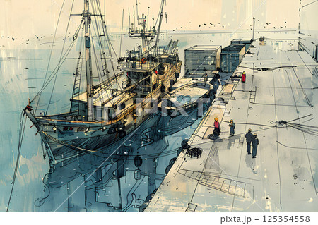 海と漁船の水彩画 125354558