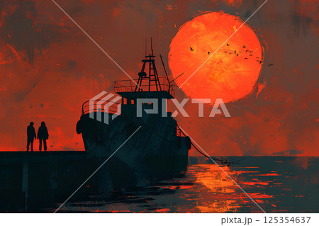 夕焼けの海と漁船の水彩画 夕焼けの海と漁船の水彩画 125354637