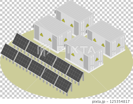 アイソメトリックなコンテナ型大型蓄電池と太陽光パネルのイメージ素材 アイソメトリックなコンテナ型大型蓄電池と太陽光パネルのイメージ素材 125354817