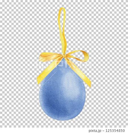 Blue chicken egg hanging on yellow satin ribbon bow. Hand drawn watercolor illustration of colored decorative element for Easter holiday on isolated background. For greeting cards or invitations 125354850