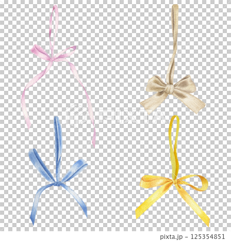 Satin ribbon bows with hanging loops. Hand drawn watercolor illustration of gorgeous stripe on isolated background. Drawing of ornate textile tapes in pink, yellow, beige and blue colors. 125354851
