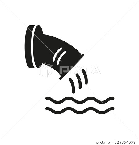 Pipe Discharging Water Solid Icon. Industrial Wastewater Release And Environmental Pollution Silhouette Symbol. Water Treatment And Effluent Management. Isolated Vector Illustration 125354978