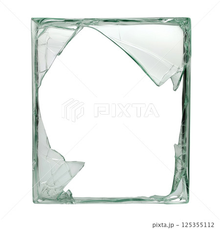 Broken glass frame with sharp edges isolated on white background 125355112