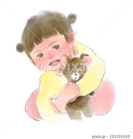 ぬいぐるみを抱えて大泣きしている女の子の水彩イラスト 125355243