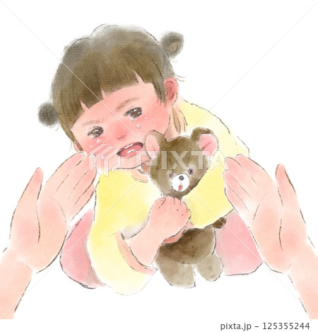 泣きじゃくるイヤイヤ期の女の子と子供をあやす母親の手の水彩イラスト 泣きじゃくるイヤイヤ期の女の子と子供をあやす母親の手の水彩イラスト 125355244