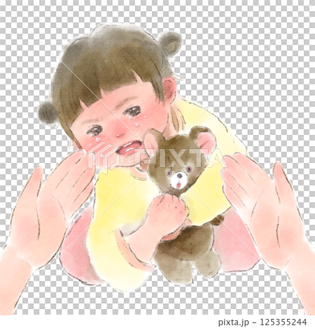 泣きじゃくるイヤイヤ期の女の子と子供をあやす母親の手の水彩イラスト 泣きじゃくるイヤイヤ期の女の子と子供をあやす母親の手の水彩イラスト 125355244