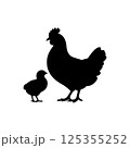 Black silhouette of a hen and chick icon vector 125355252