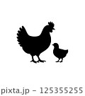 Black silhouette of a hen and chick icon vector 125355255