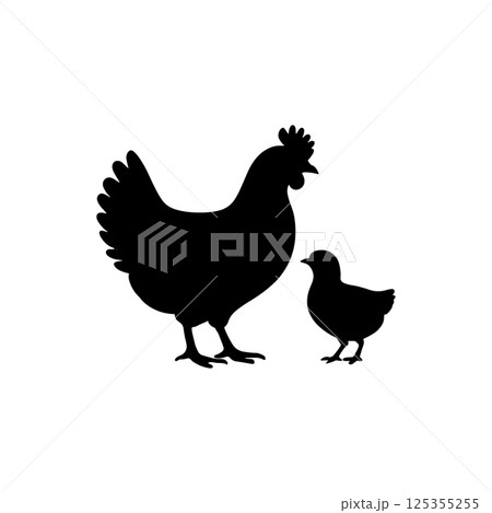 Black silhouette of a hen and chick icon vector Black silhouette of a hen and chick icon vector 125355255