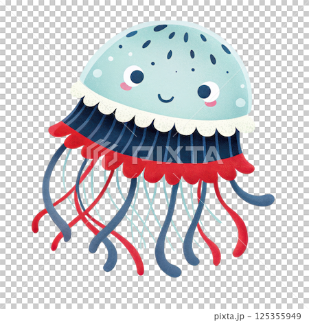 A cheerful and whimsical of a cute smiling cartoon jellyfish swimming in the ocean 125355949