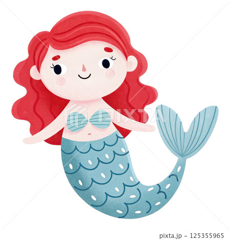 Cheerful cartoon mermaid with red hair 125355965