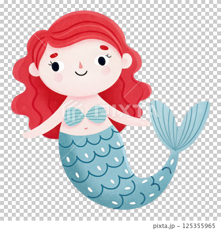 Cheerful cartoon mermaid with red hair 125355965