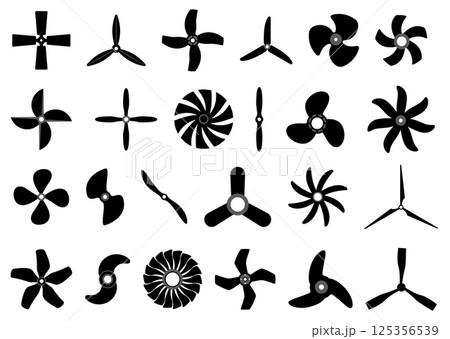 Boat and air propellers icons. Aircraft turbines silhouettes, rotor ventilators, marine screws, ship motor black elements, technology rotor symbol, electric fan, qualitative vector isolated set Boat and air propellers icons. Aircraft turbines silhouettes, rotor ventilators, marine screws, ship motor black elements, technology rotor symbol, electric fan, qualitative vector isolated set 125356539