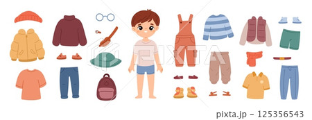 Cartoon boyish clothes. Cute little child with kids trendy wears, color accessories, shoes, jacket and tee shirts, jumpsuit and sweater isolated elements, outfit constructor garish vector set Cartoon boyish clothes. Cute little child with kids trendy wears, color accessories, shoes, jacket and tee shirts, jumpsuit and sweater isolated elements, outfit constructor garish vector set 125356543