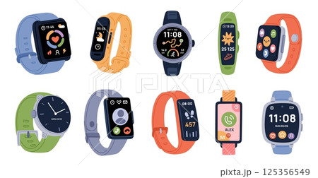 Cartoon smart watches. Digital fitness trackers, different displays shapes, mobile apps, healthy, sport lifestyle gadgets, silicone bracelet, electronic smartwatch, garish vector isolated set 125356549