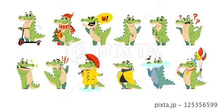 Funny crocodile. Cute animal character, cartoon reptile mascot, green alligator, different actions, poses and emotions, birthday and vacation cartoon flat style isolated tidy vector set Funny crocodile. Cute animal character, cartoon reptile mascot, green alligator, different actions, poses and emotions, birthday and vacation cartoon flat style isolated tidy vector set 125356599