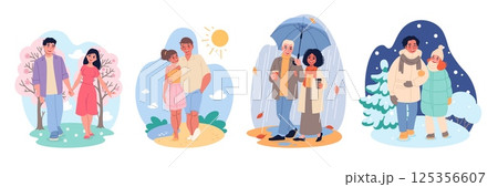 Happy people walk various weather. Romantic couple, different seasons strolls, man and woman in love outdoor pastime, Spring and summer, winter and autumn classy vector cartoon flat set Happy people walk various weather. Romantic couple, different seasons strolls, man and woman in love outdoor pastime, Spring and summer, winter and autumn classy vector cartoon flat set 125356607