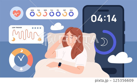 Healthy sleep with smartwatch. Girl controls sleep quality with gadget help, wellness indicators, pulse, device screen, smartphone app, garish vector cartoon flat biohacking concept 125356609