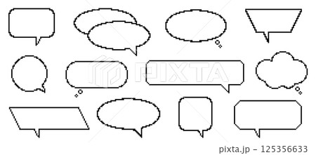 Pixel dialogue boxes. Retro video games elements, 8 bit graphic, speech balloons, thought bubbles, saying and messages frames, communication graphic different forms, nowaday vector isolated set 125356633