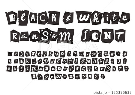 Ransom collage black white font. Letters, numbers on paper scraps, newspapers pieces, anonymous note design, cut out style, silhouette isolated fragments, english typescript tidy vector set Ransom collage black white font. Letters, numbers on paper scraps, newspapers pieces, anonymous note design, cut out style, silhouette isolated fragments, english typescript tidy vector set 125356635
