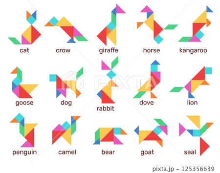 Tangram animals. Geometric puzzle, simple colorful shapes, kids logical and creativity childish education, assembly simple mosaic schemes, abstract flat cat and giraffe, qualitative vector set 125356639