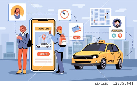 Taxi mobile app. Public transport online service, calling yellow car, people with big smartphone, city street landscape, map, driver rating and pay information, tidy vector cartoon flat concept 125356641