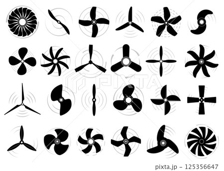 Air propeller icons. Motor blades rotating, turbine rotary, boat motor elements, spinning ventilators silhouettes, conditioning pictogram shape, logo design qualitative vector isolated set Air propeller icons. Motor blades rotating, turbine rotary, boat motor elements, spinning ventilators silhouettes, conditioning pictogram shape, logo design qualitative vector isolated set 125356647