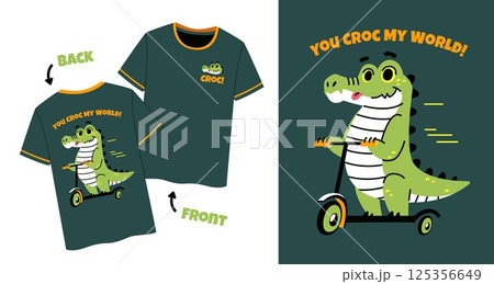 Alligator tee shirt. Kids print with funny crocodile rides scooter, fashion clothes design, cartoon reptile, animal character, childish t-shirt print, label and lettering, tidy vector concept 125356649