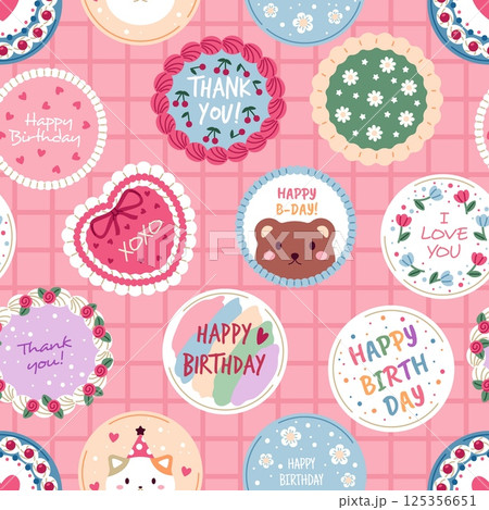 Bento cakes seamless pattern. Repeated cute Asian sweets, Korean mini pastry, birthday party treat, tasty desserts. Decor textile, wrapping, wallpaper. Print for fabric tidy vector background 125356651