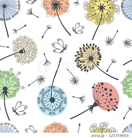 Dandelion silhouette seamless pattern. Repeated decorative flowers, butterflies, fluffy botanica, flying seeds. Decor textile, wrapping, wallpaper. Print for fabric splendid vector background Dandelion silhouette seamless pattern. Repeated decorative flowers, butterflies, fluffy botanica, flying seeds. Decor textile, wrapping, wallpaper. Print for fabric splendid vector background 125356658