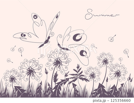 Dandelion silhouettes card. Beautiful flowers, butterflies, flying seeds, ephemeral contours, summer floral background design, monochrome banner, natural meadow, splendid vector concept Dandelion silhouettes card. Beautiful flowers, butterflies, flying seeds, ephemeral contours, summer floral background design, monochrome banner, natural meadow, splendid vector concept 125356660