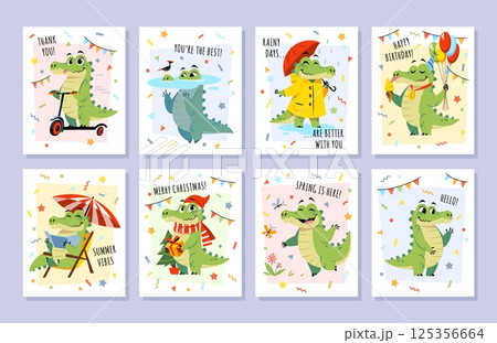 Funny alligator cards. Various occasions, holidays and events congratulations, cute crocodile character, kids mascot, posters or print, childish birthday postcard, tidy vector set 125356664