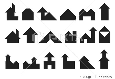 Tangram building black silhouette. Geometric puzzle, simple shapes, brain development game, houses transformation, squares and triangles, kids education, jigsaw isolated qualitative vector set 125356689