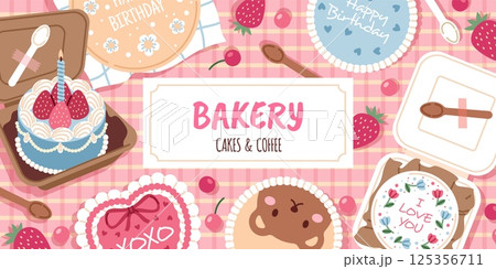 Bento cakes production poster. Little bakery banner, cute korean sweets, sugar and fruits mini biscuits, tasty pastry, background design, cartoon flat style isolated tidy vector concept Bento cakes production poster. Little bakery banner, cute korean sweets, sugar and fruits mini biscuits, tasty pastry, background design, cartoon flat style isolated tidy vector concept 125356711