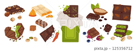 Cartoon oriental chocolate. Cocoa dessert with different fillings, different nuts, berries, orange, pistachios, sweets candies, homemade confectionery garish vector isolated set 125356712