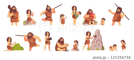 Primitive people characters. Stone age cavemen, men warrior with weapon, women and kids in animal skins, hunting, gathering and everyday life, cartoon flat style isolated tidy vector set 125356738