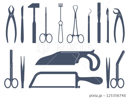 Surgical instrument silhouette set. Medical equipment, different scalpels, expanders and saws for operation. Surgery clamps, forceps and scissors. Amputation tools. Vector objects Surgical instrument silhouette set. Medical equipment, different scalpels, expanders and saws for operation. Surgery clamps, forceps and scissors. Amputation tools. Vector objects 125356748