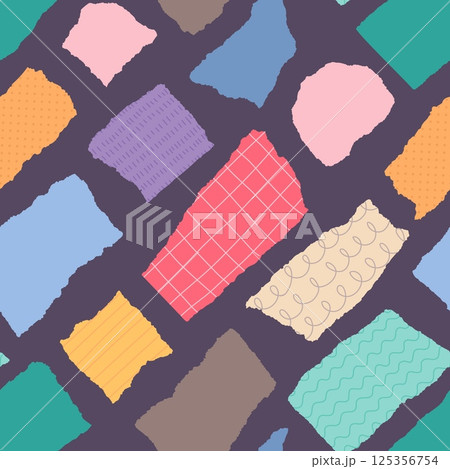 Torn paper pieces seamless pattern. Color cut fragments, random shapes of scraps, repeated collage elements, cute textile, wrapping paper, wallpaper. Print for fabric classy vector background 125356754