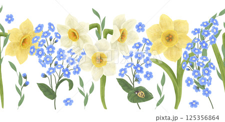 Seamless border with flowers of blue forget-me-nots, yellow and white daffodils, green twigs, ladybug. An element for the design 125356864