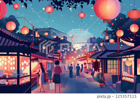 夏の風物詩。お祭りの日のにぎやかな街。 125357113