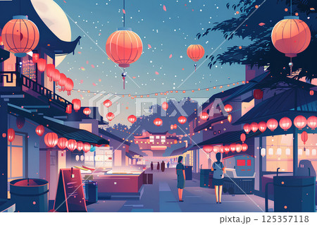 夏の風物詩。お祭りの日のにぎやかな街。 125357118