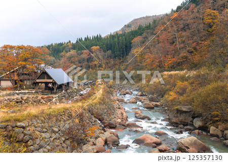 View of Seki river near Naena waterfall in autumn season in Niigata, Japan 125357130