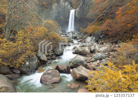 Naena waterfall in foggy autumn season 125357137