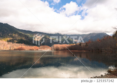 Clear Azusa river water and pine trees in Kamikochi national park in autumn season 125357142