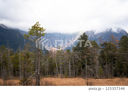 View of mountain and trees in Kamikochi national park in autumn season 125357146