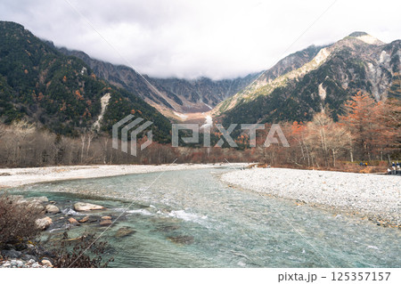 Clear Azusa river water and pine trees in Kamikochi national park in autumn season Clear Azusa river water and pine trees in Kamikochi national park in autumn season 125357157